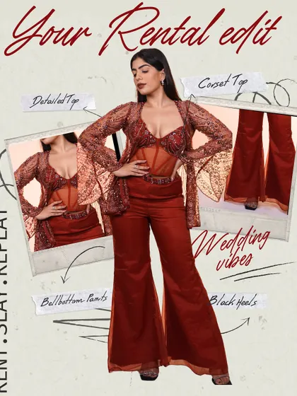 A graphic breaking down the elements of this rust-colored Indo-western look. It's all about the details, from the corset top to the bell-bottom pants.
