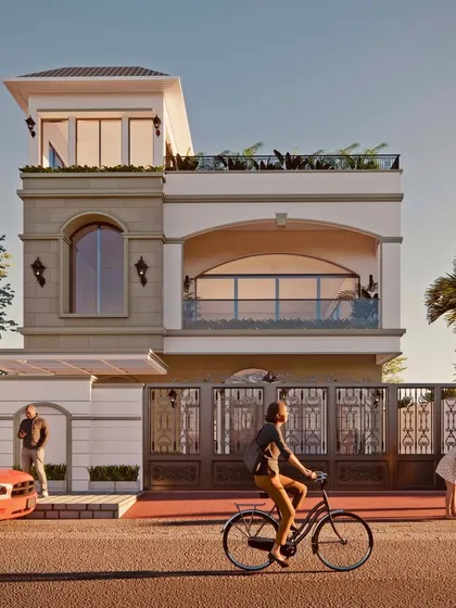 The street view of the Art Deco and Neo-Classical fusion home. The design blends classical elegance with contemporary finesse, featuring a terrace lounge and Vastu-based planning.