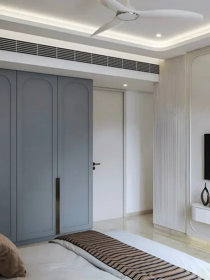 A view of the wardrobe in the New English style master bedroom render, featuring elegant curved details on the doors.