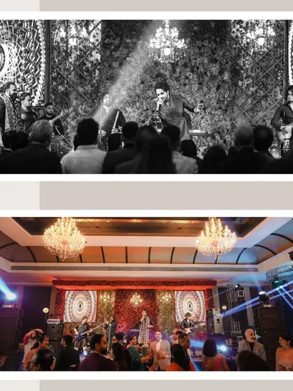 Capturing the ambiance of a Sufi Sangeet night, this collage shows the live band performing on stage in both black and white and color, highlighting the event's atmosphere.