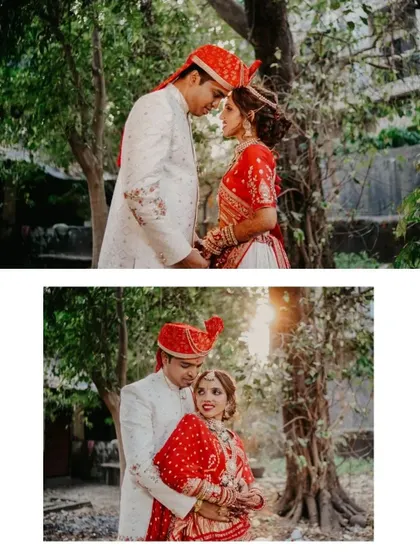 Two intimate portraits of the couple in a beautiful outdoor setting. The top image captures a forehead-to-forehead moment, while the bottom shows a loving embrace.