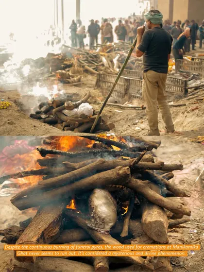 This series of images with text overlays explains the beliefs surrounding Manikarnika Ghat. They detail the path to liberation (moksha), the eternal flames, and Lord Shiva's role in guiding souls.