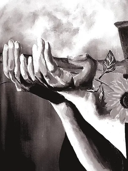 A detailed shot of a painting, highlighting the hands and a sunflower. This is another glimpse into the themes of wonder and discovery that I explore in my personal work.