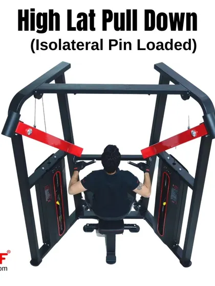 A top-down view of a user at the peak contraction of a lat pulldown.