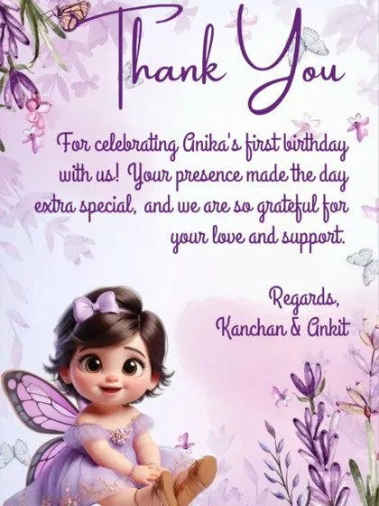 A personalized thank you card we designed for Anika's first birthday hamper. The lavender pink fairy theme was carried through to the card for a cohesive and memorable touch.