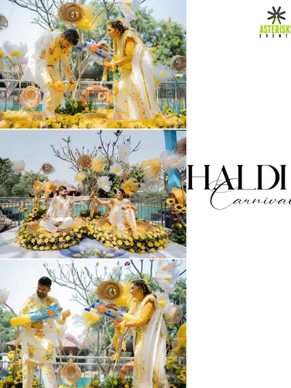 A Haldi carnival in full swing. The couple enjoys a playful moment with water guns, surrounded by vibrant yellow floral decor, making for a fun and memorable photo.