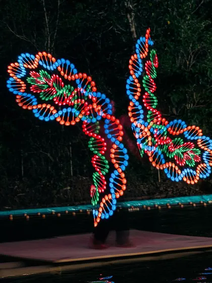 An LED poi performance creates a mesmerizing display of light and color. The intricate patterns, resembling DNA helices, showcase the incredible skill of the flow artist.