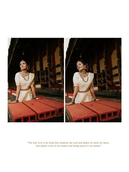 A diptych of the bride posing against a traditional building.