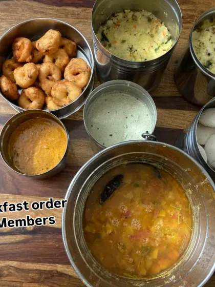 Idli, ghee pongal and medu vadai are ready with sambar and chutney in our customised housewarming breakfast for 15 members.