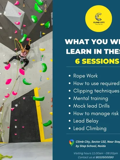 Wondering what you'll learn? This graphic details the curriculum for our six-session Lead Climbing Workshop. We cover everything from rope work and clipping techniques to mental training and risk management.
