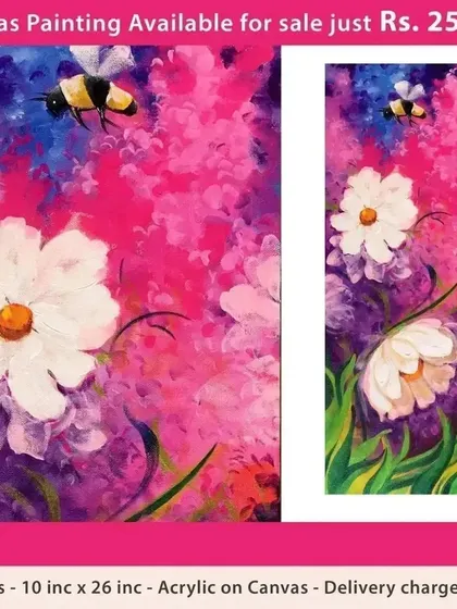 A close-up of our "Pink Blossom Flowers" acrylic painting, showing the textured brushstrokes and vibrant colors. This piece, featuring white flowers and a bee, is available for purchase.