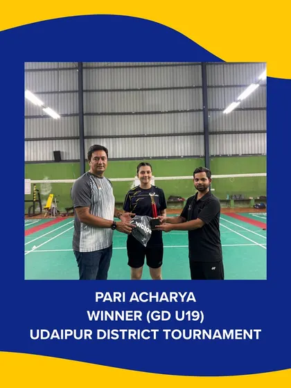 Pari Acharya celebrates her U19 Girls Doubles win at the Udaipur District Tournament. Her success is a testament to the consistent training at our Udaipur center.