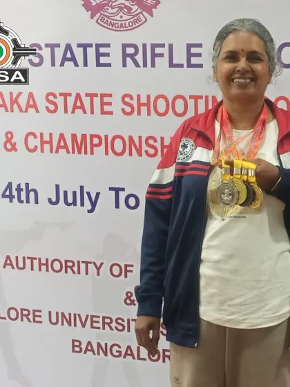 Celebrating the consistent success of Ms. Swarna Latha, seen here with her medals from the Karnataka State Shooting Competition. Her journey is an inspiration to all aspiring shooters, proving that dedication pays off.
