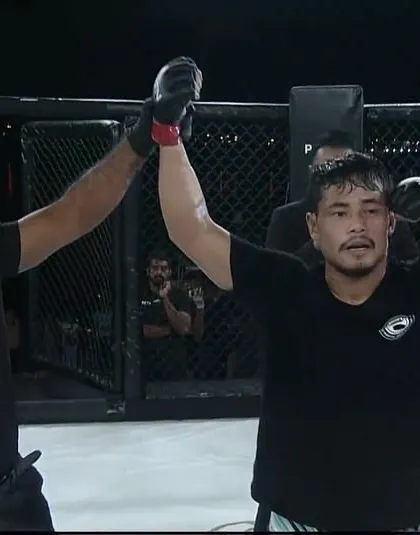 Victory in Dubai. A shot of Chungreng Koren's hand being raised after his win at MFN 10. Our fighters travel and they win.