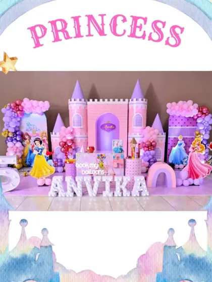 Anvika's princess party was a royal dream come true. The setup featured a magnificent pink castle, cutouts of various Disney princesses like Snow White and Cinderella, and beautiful balloon arrangements.