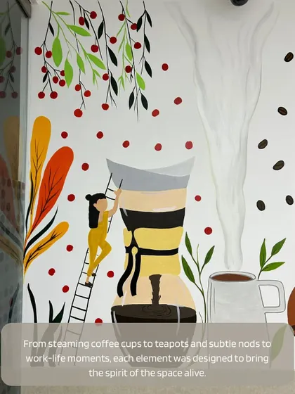 From steaming coffee cups to a character climbing a ladder on a pour-over coffee maker, each element was designed to bring the spirit of the space alive.