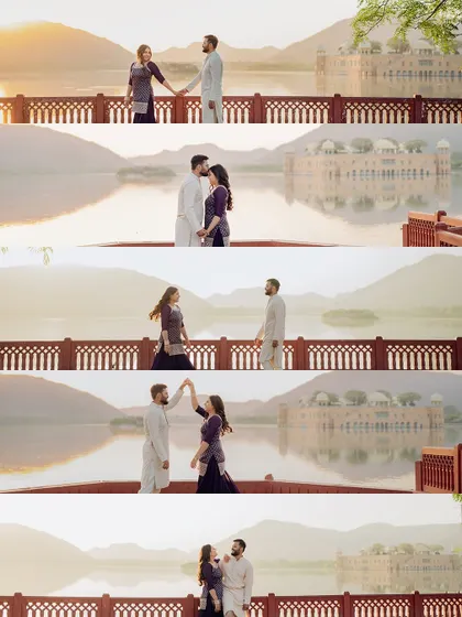 A film strip-style collage capturing the narrative of a couple's dance at Jal Mahal. This format is perfect for telling a story of movement and connection.