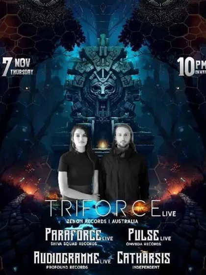 The lineup poster for the Shiva Squad event at Klub Hermis, featuring Triforce from Australia. It was a night of deep, progressive psychedelic trance.
