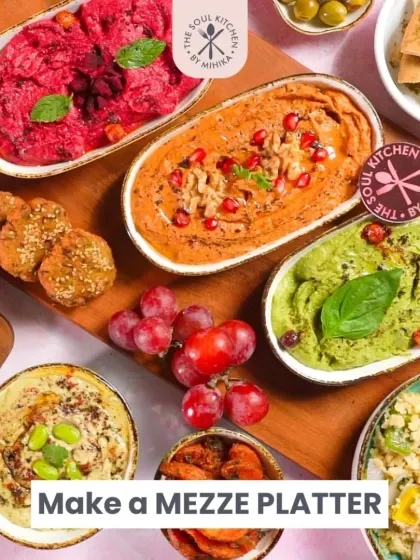 Create a vibrant Mezze platter with our colourful dips. This spread features our Beetroot Hummus, Muhammara, and Pesto Hummus, ready for a feast.