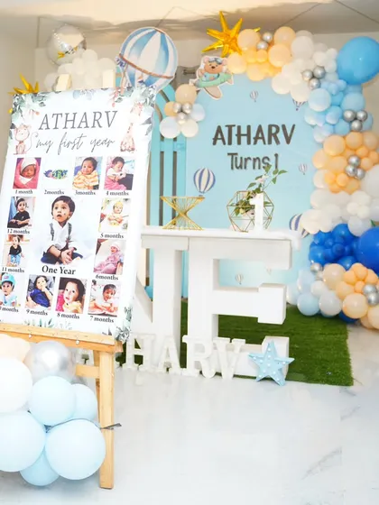 This milestone board for Atharv's first birthday showcases his monthly photos in a clean and modern layout, perfectly matching the "First Flight" theme of his party.