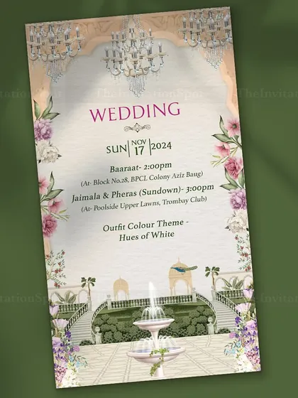 This elegant wedding itinerary card features a beautiful fountain and grand staircase design. It clearly lists the details for the Baraat, Jaimala, and Pheras, and even includes the outfit color theme for guests.