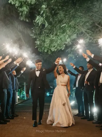 We love creating grand entrances that are filled with joy and celebration. For Hema and Karthik's cocktail party, their friends and family welcomed them with an arch of sparklers, lighting up the path to their new beginning.