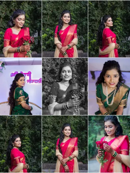 A collage of bridal portraits showing the bride in two different beautiful sarees, showcasing her versatility and elegance.