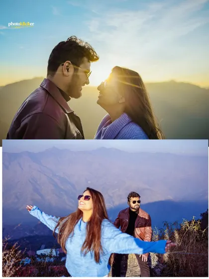A collage combining a close-up, sun-kissed portrait of a couple with a wide shot of them enjoying the mountain vista.