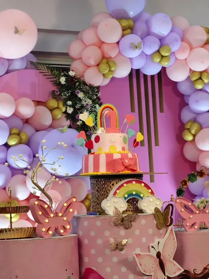 A detail shot of the birthday cake and decor.
