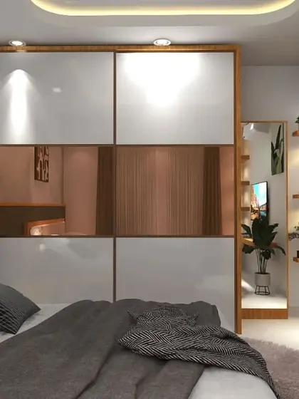 A duplicate of ID 196, highlighting the elegant sliding wardrobe and the cozy display nook.