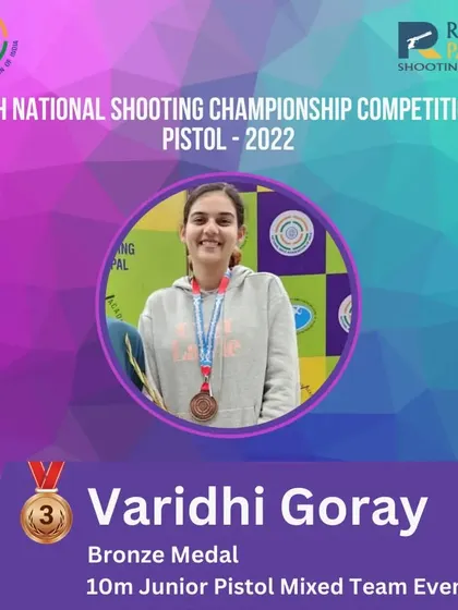 Congratulations to Varidhi Goray for winning a Bronze Medal in the 10m Junior Pistol Mixed Team Event at the 65th National Shooting Championship.