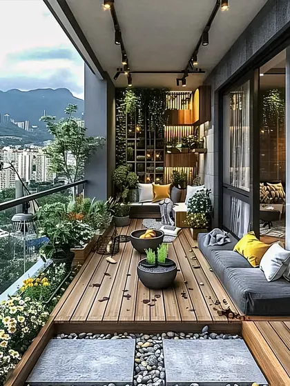 I believe every Bangalore balcony has the potential to be a private oasis. Here, I used wooden decking, built-in seating, and a variety of plants to create a comfortable and stylish outdoor lounge with a stunning city view.