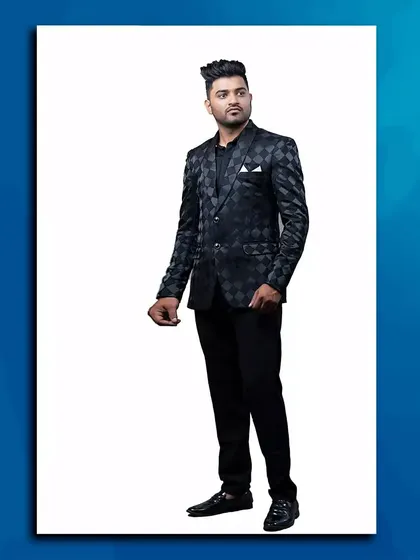 A classic black patterned blazer, a staple for any formal event or reception.