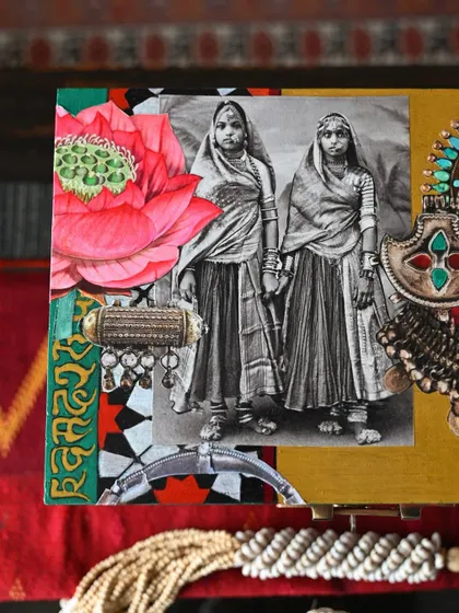 A detail of the lid, featuring a vintage black-and-white photograph of Banjara women, layered with colorful floral and jewelry designs. This juxtaposition of old and new is central to my work.
