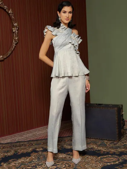 A full-length shot of the Amara Co-ord Set by Alayza, styled in our vintage-themed room set.