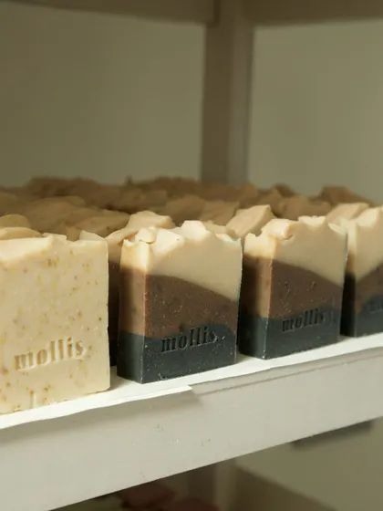 Another shelfie, this one featuring my earthy, layered soaps like Milano Morning.