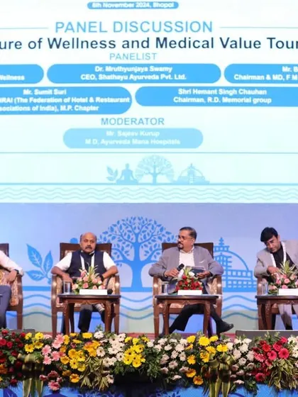 A close-up of the panel discussion on Medical Value Tourism. Our leadership actively participates in shaping the future of the wellness industry in India and beyond.