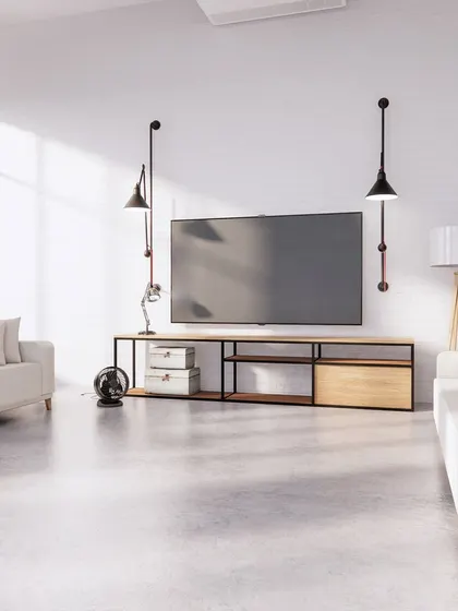 This bright and airy living room concept highlights a minimalist aesthetic. The design features clean lines, a simple TV console, and a neutral color scheme, creating a calm and uncluttered environment.