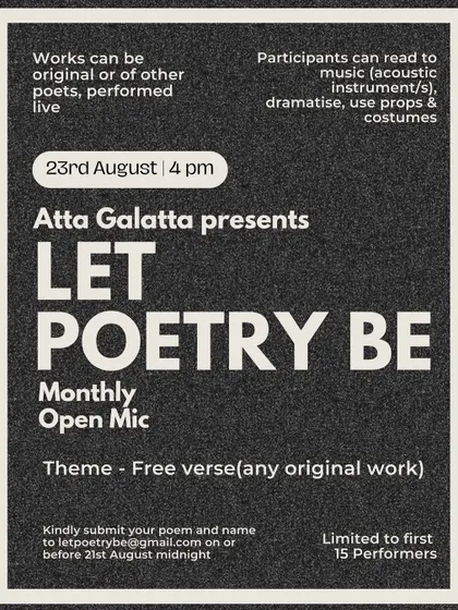 The stage is always open for new voices. Our 'Let Poetry Be' monthly open mic is a cornerstone of our community, a safe and encouraging space for poets to perform, experiment, and share their art in any language.