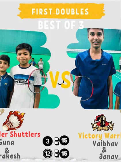 A First Doubles match where the Victory Warriors took a decisive win. Strong doubles pairs are crucial for team events.