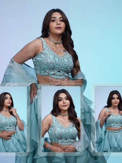 A collage of the ruffled blue lehenga, showing how it looks from different angles. It's a fun, flirty, and unforgettable outfit.