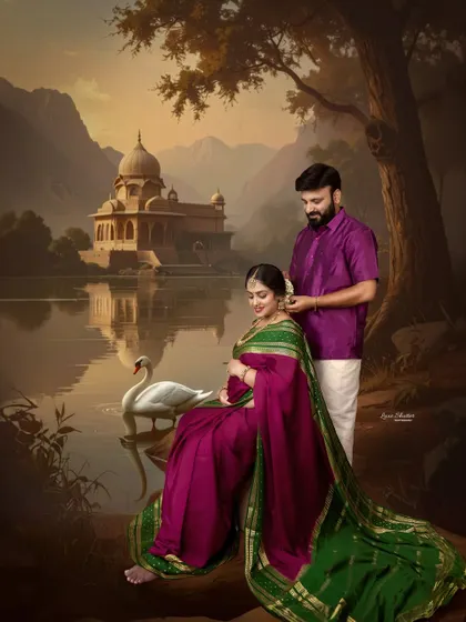 An intimate moment between the couple, set against a majestic, palace-like backdrop by the water. This is a perfect example of my fine art, culturally-inspired maternity photography.