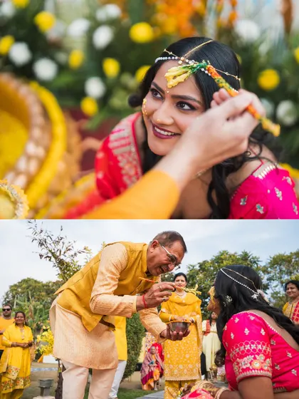 A collage of moments from a Haldi ceremony, showing family members applying turmeric to the bride.