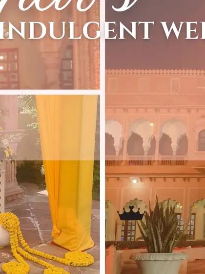 A collage showcasing the indulgent wedding we planned at Laxmi Vilas Palace in Bharatpur. From the grand palace exterior to the detailed decor, every element was designed for a royal experience.