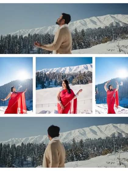 A collage showcasing the joy and beauty of a pre-wedding shoot in the snow. From playful moments to stunning portraits, a winter landscape offers a unique and magical backdrop.