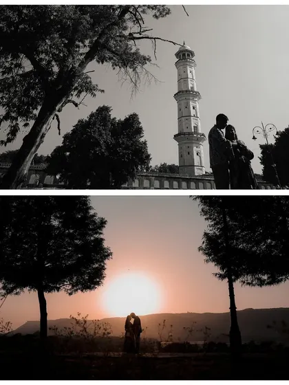 A duo of silhouette shots, one against the backdrop of the Sargasuli Tower (Iswari Minar Swarga Sal) and another capturing a kiss against a beautiful sunset.