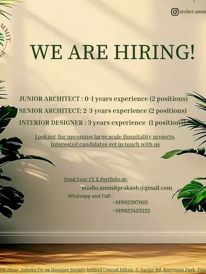 Atelier Ammit Prakash in Pune is hiring for multiple positions, including two Junior Architects (0-1 year experience) and two Senior Architects (2-3 years experience) for upcoming hospitality projects.