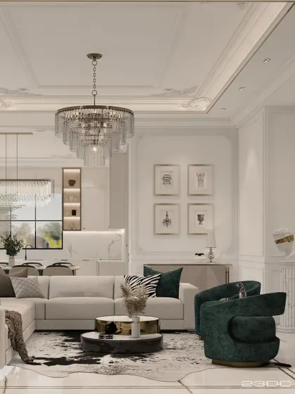 An open-plan family living area where minimalism meets luxury. The design uses a harmonious blend of beige and green, with a striking animal-print rug and modern art to add personality and flair.