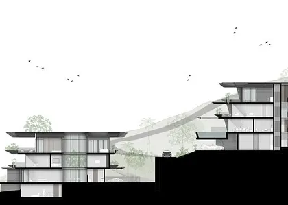 A section drawing illustrating our design for the Dona Paula Masterplan. It shows how each house is arrayed to follow the natural slope of the terrain, creating a low-rise development that blends into the mountain.