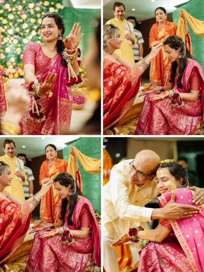 The bride's Haldi ceremony, filled with blessings from elders and playful moments with friends. A beautiful blend of tradition and fun.